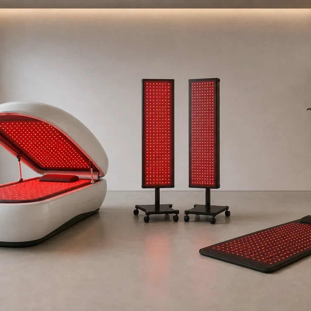 Lie-down bed, vertical booth, and modular red light panels displayed for comparison
