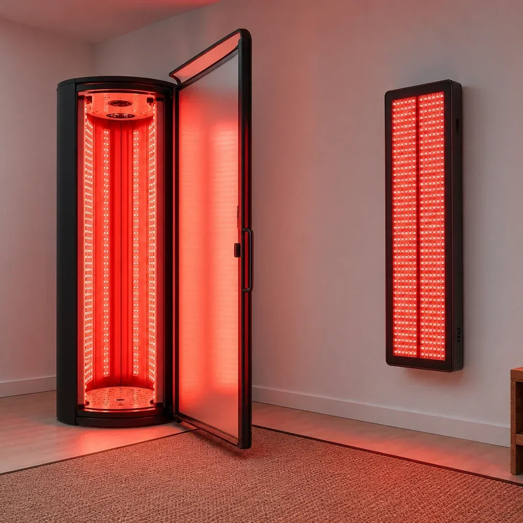 Open stand-up red light therapy booth beside a full-body panel system