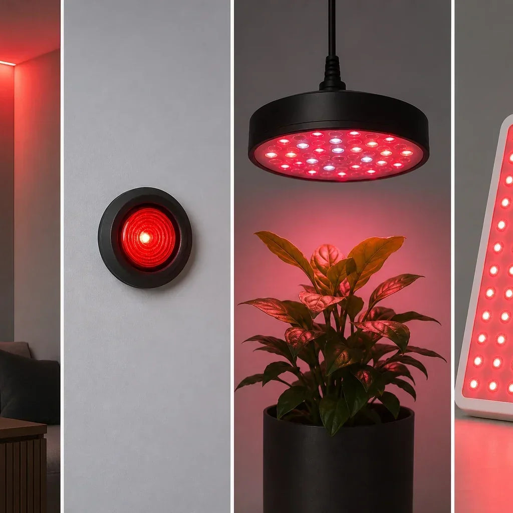 Decorative strip, indicator, grow lamp, and wellness panel showing different red LED uses