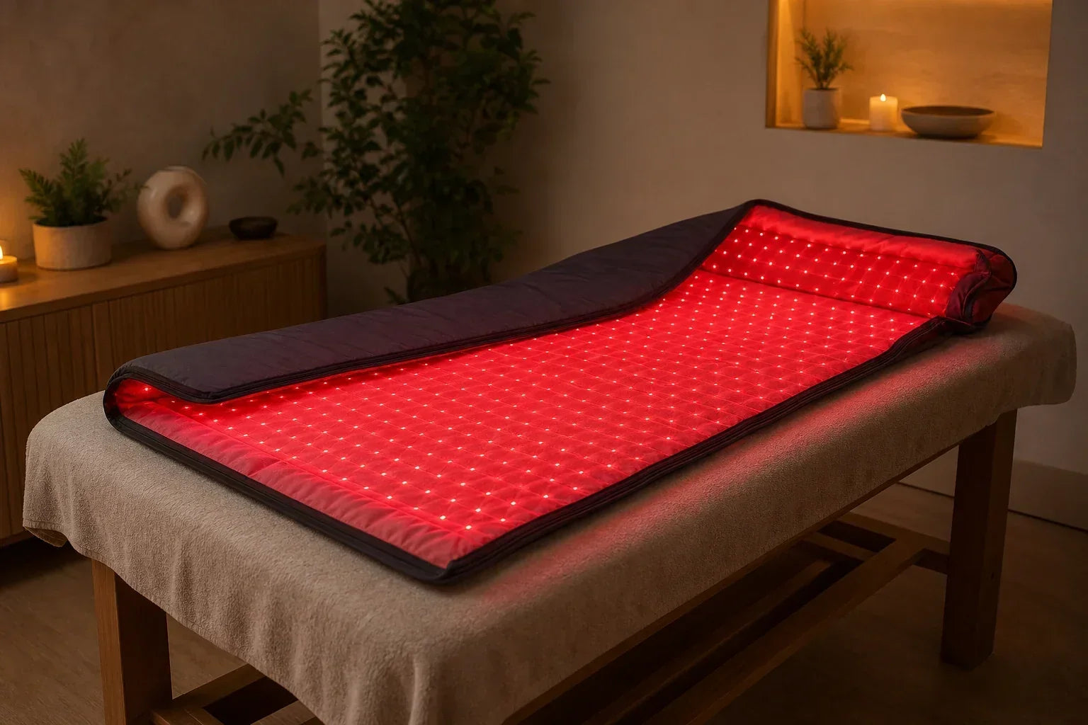 Open red light therapy blanket glowing softly in a clean wellness room