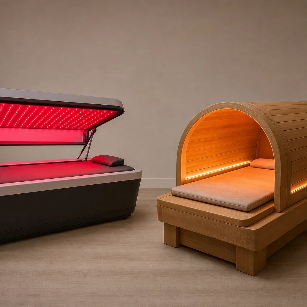 Side-by-side LED light bed and heated infrared sauna dome in a neutral showroom