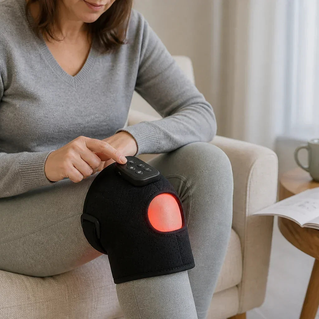 Adult using the controls on a generic red light and heat knee massager over clothing