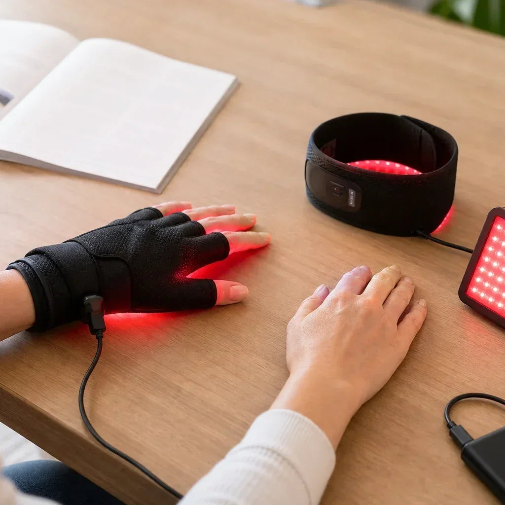 Open-finger red light therapy glove compared with a hand wrap and small panel