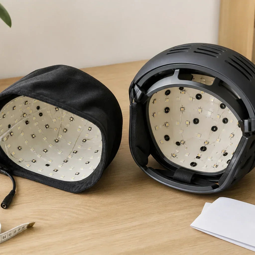 Generic red light hair cap and structured helmet compared on a home office table