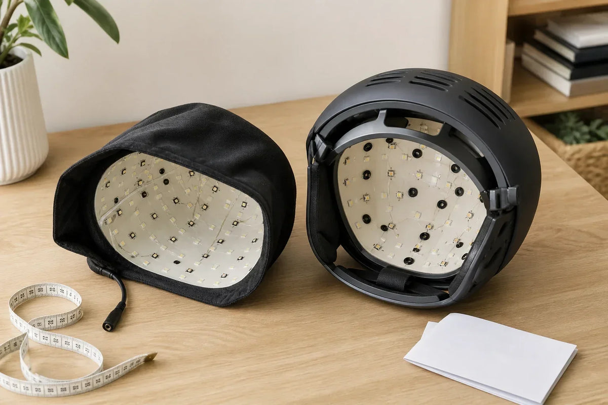 Generic red light hair cap and structured helmet compared on a home office table