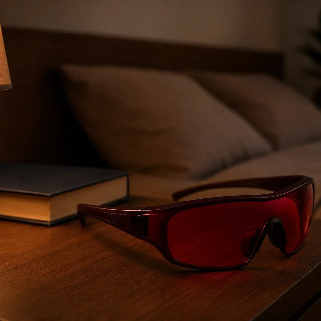 Red amber sleep glasses beside a dim bedside lamp in the evening