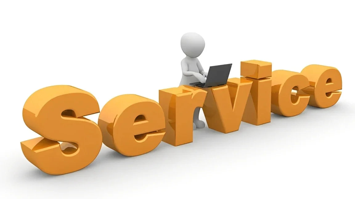 3D figure using laptop on large orange 'Service' text, symbolizing customer support or digital service solutions