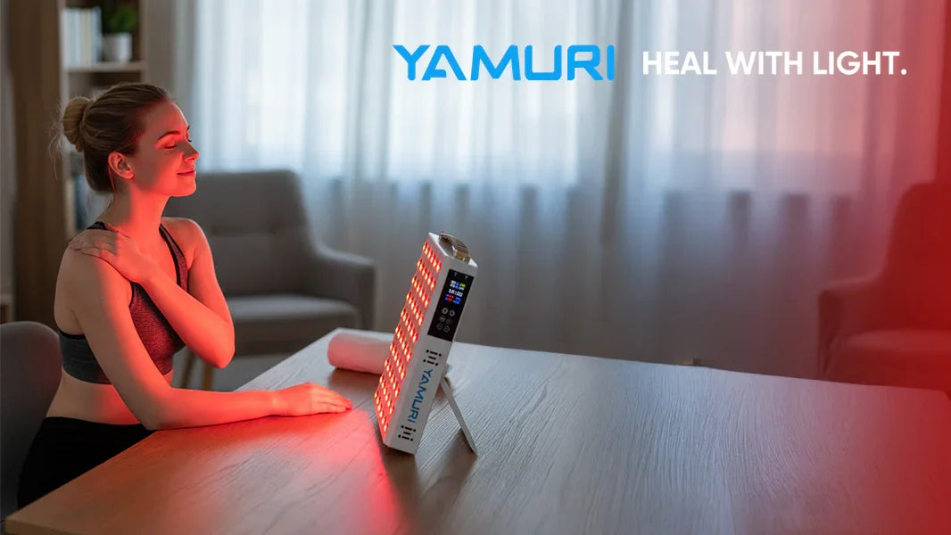 Woman using red light therapy device at home for muscle recovery and skin health