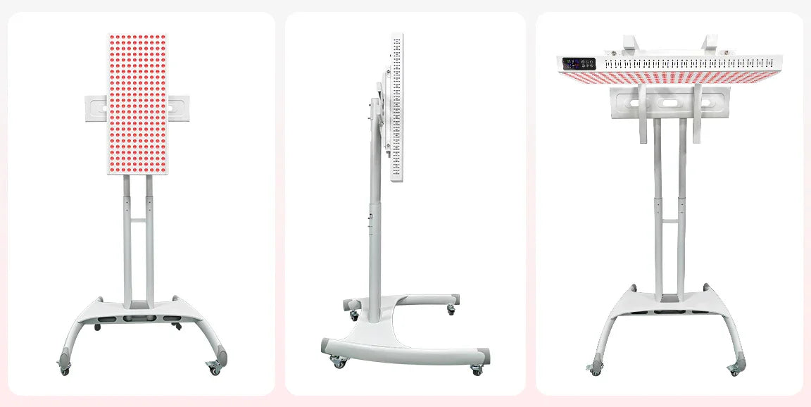 Red light therapy panel on adjustable stand with wheels, featuring LED array and digital controls