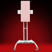Red light therapy panel on mobile stand for at-home muscle recovery and skin health