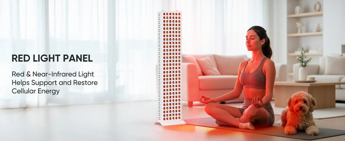 Woman meditating with red light therapy panel at home, glowing near-infrared light for cellular energy