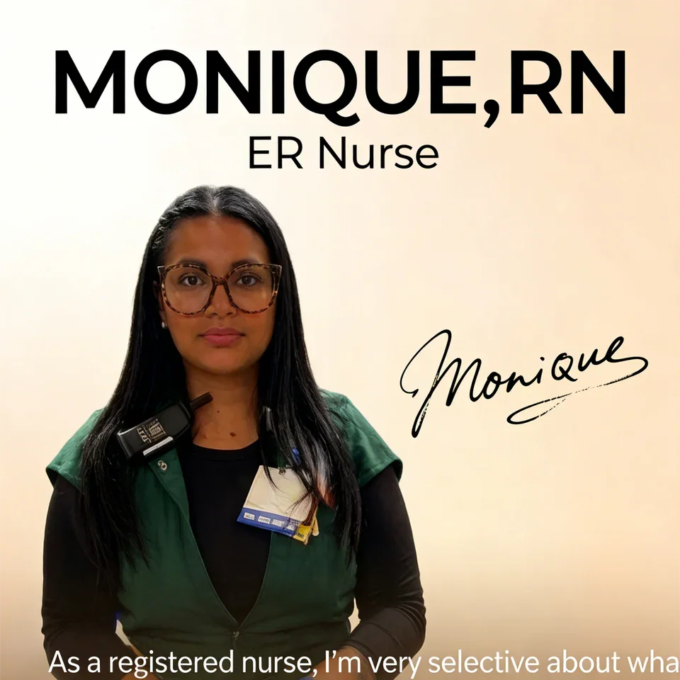 Monique RN, ER Nurse in green scrubs with stethoscope, endorsing red light therapy for muscle recovery and skin health