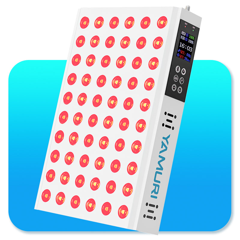 LED red light therapy panel with digital display and adjustable settings on blue background