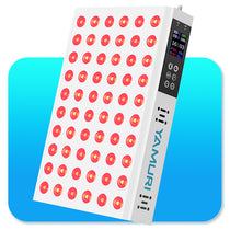 LED red light therapy panel with digital display and adjustable settings on blue background
