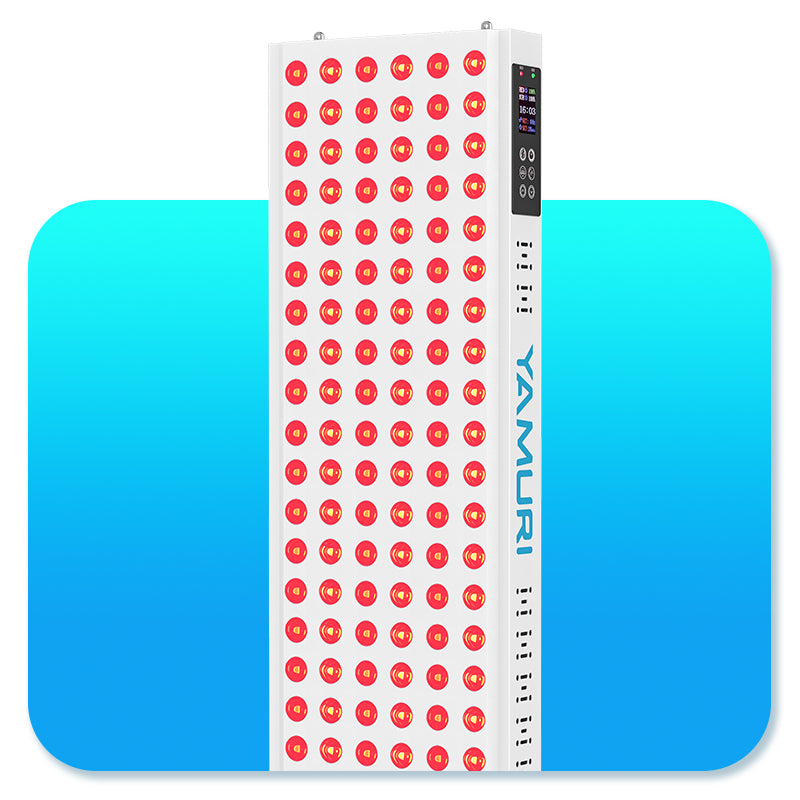 High-power red light therapy panel with LED lights and digital control, on blue background