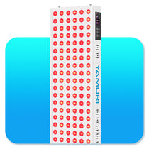 High-power red light therapy panel with LED lights and digital control, on blue background