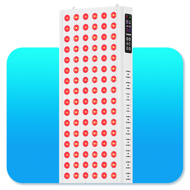 High-power red light therapy LED panel with digital control against blue background