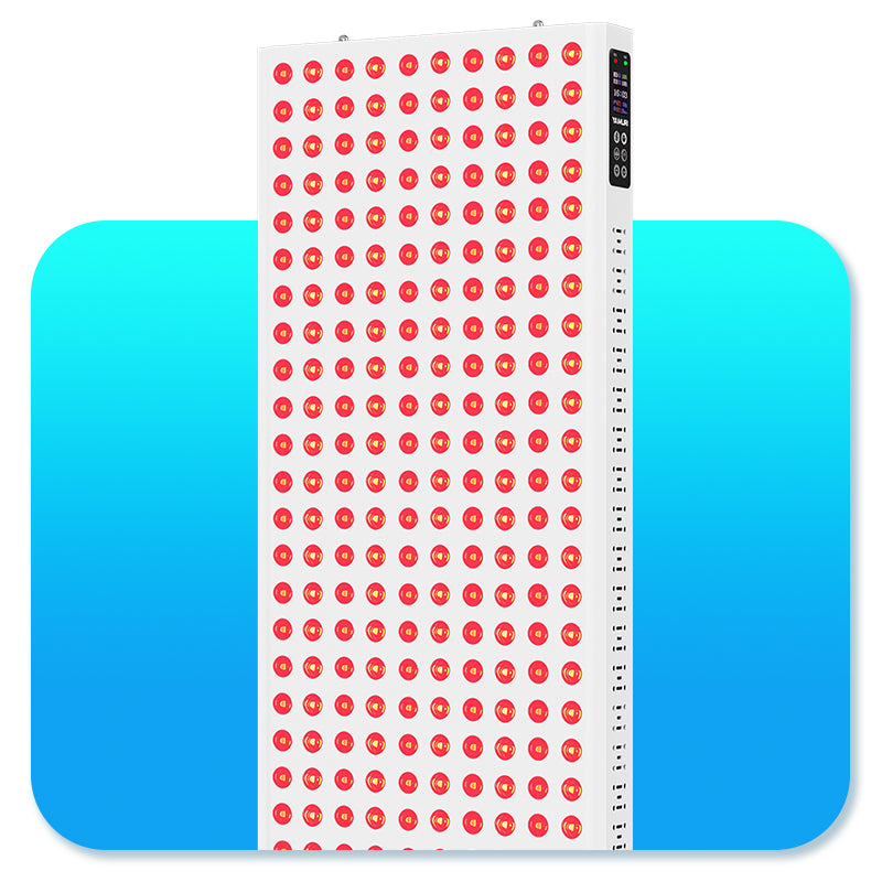 High-power LED red light therapy panel with digital control display on blue background