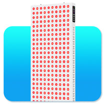 High-power LED red light therapy panel with digital control display on blue background