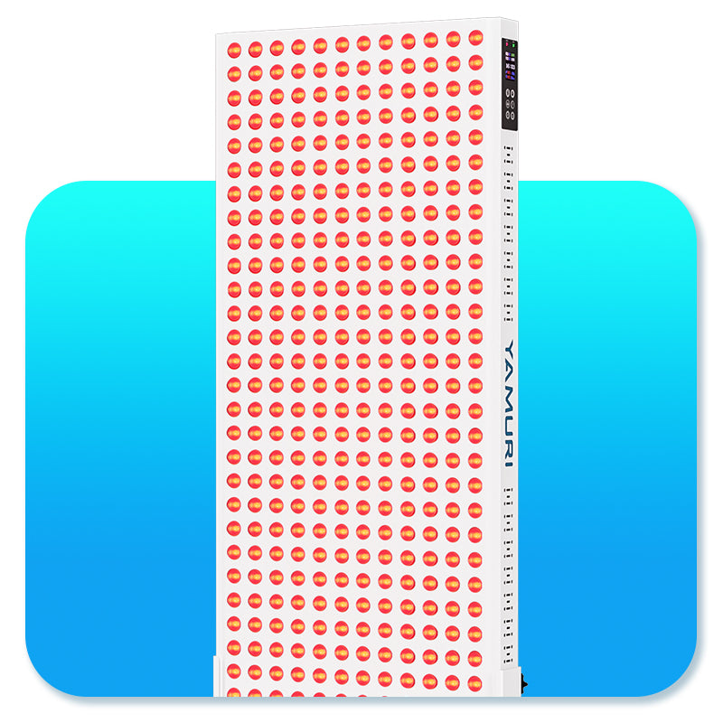 High-power LED red light therapy panel with digital display on a blue gradient background