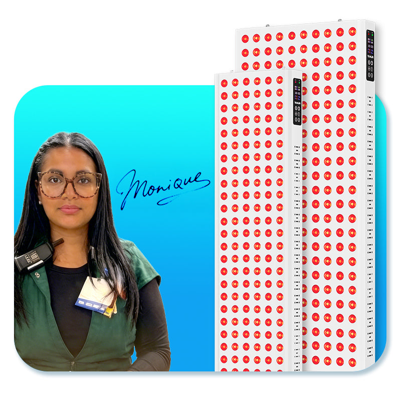 Woman with glasses next to two tall red light therapy panels on blue background