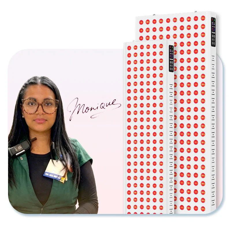 Woman in green vest beside red light therapy panels with glowing LEDs for skin and muscle recovery