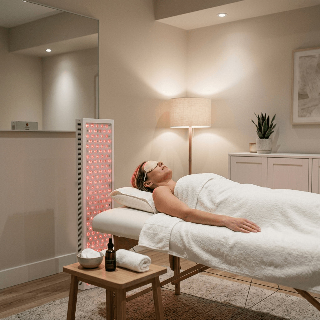 Woman relaxing on massage table with red light therapy panel in a modern spa room
