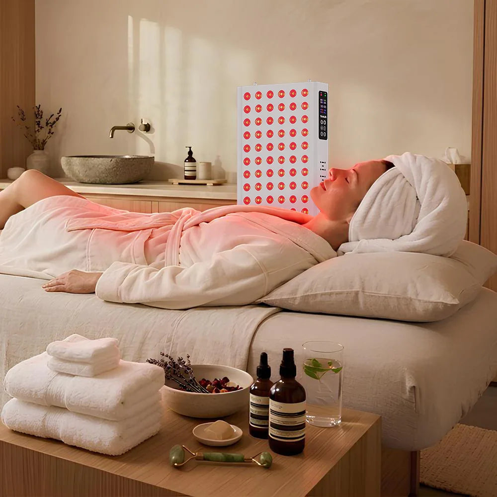 Woman relaxing with red light therapy panel for skin and muscle recovery at home