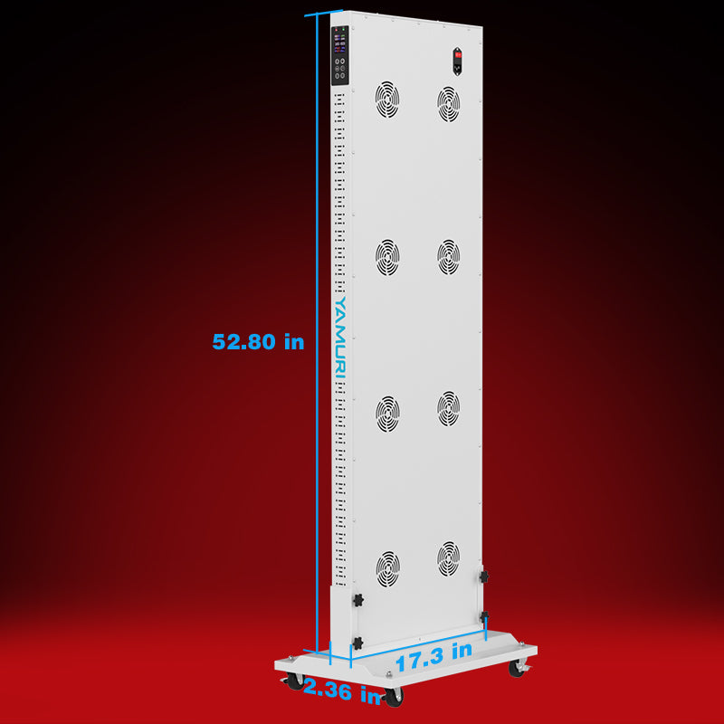 Tall white red light therapy panel with wheels, 52.80 in height, featuring adjustable settings and cooling fans for at-home use.