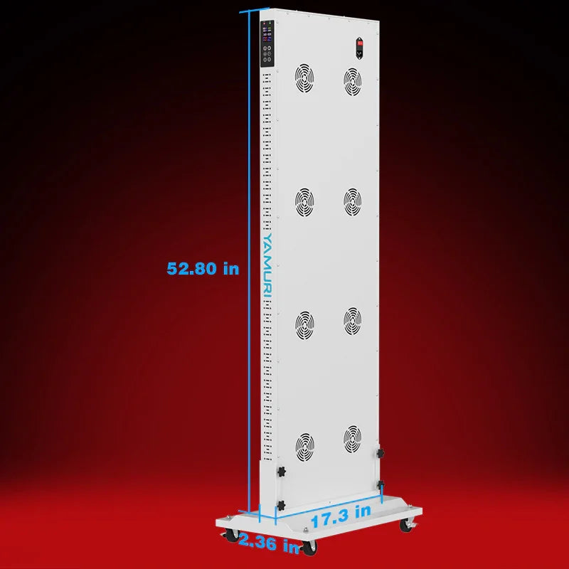 Tall white red light therapy panel with wheels, 52.80 in height, featuring adjustable settings and cooling fans for at-home use.