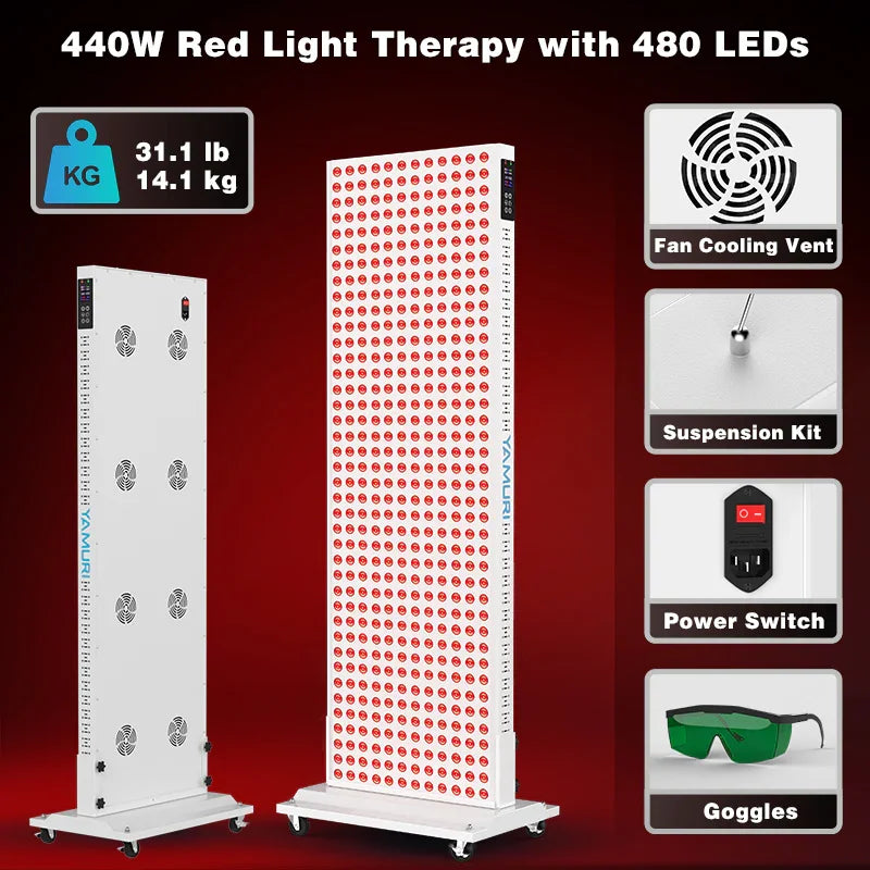440W red light therapy panel with 480 LEDs, fan cooling, suspension kit, power switch, and goggles