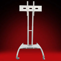 White adjustable rolling stand for red light therapy panel with wheels and mounting brackets