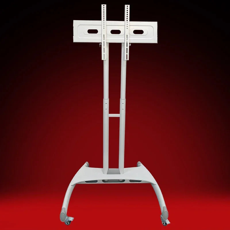 White adjustable rolling stand for red light therapy panel with wheels and mounting brackets
