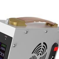 Close-up of the YA60-2W7 carrying handle, rear cooling fan, power inlet, and side LCD control panel