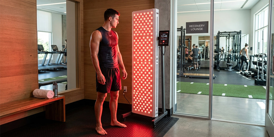 Male athlete using red light therapy panel for muscle recovery after workout in gym