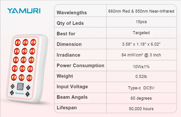 Yamuri red light therapy device with 15 LEDs, 660nm red & 850nm near-infrared, adjustable timer for targeted skin and muscle treatment