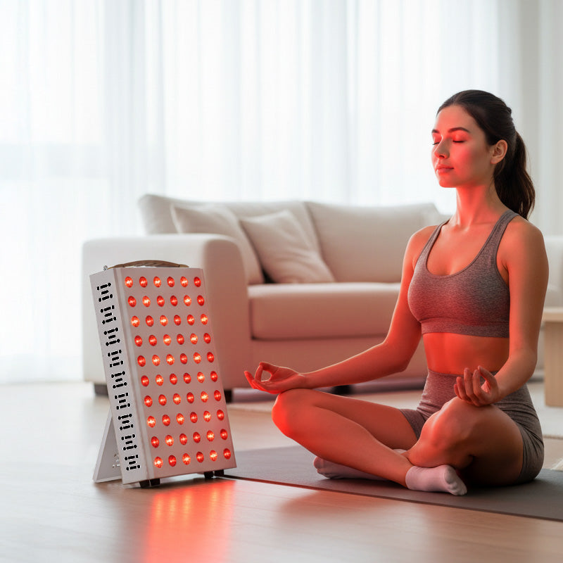 Woman meditating beside LED red light therapy panel in a modern living room