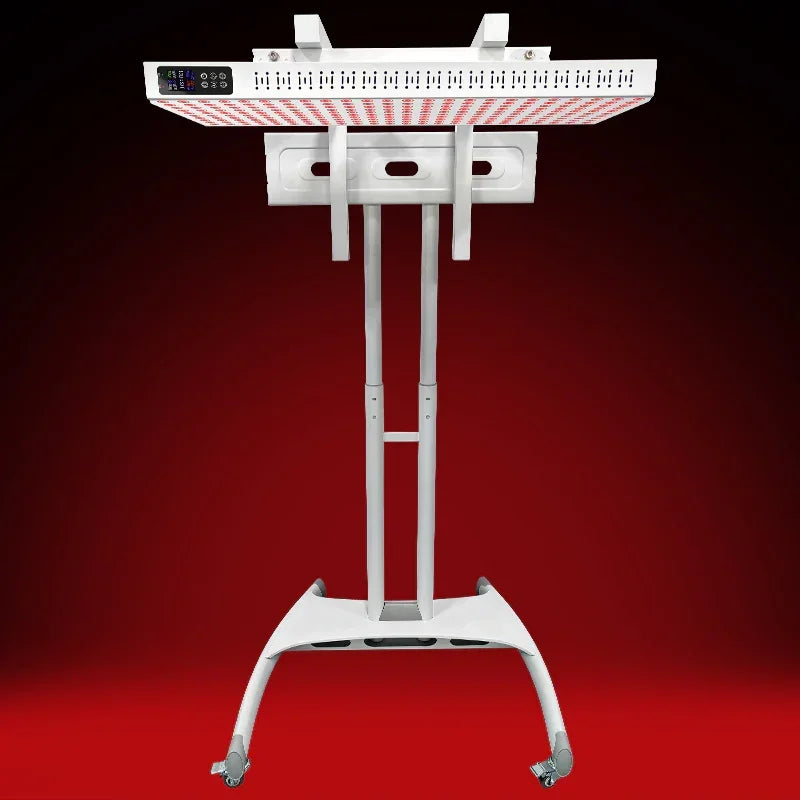 Red light therapy panel on adjustable stand with wheels, featuring LED array and digital controls for home use.