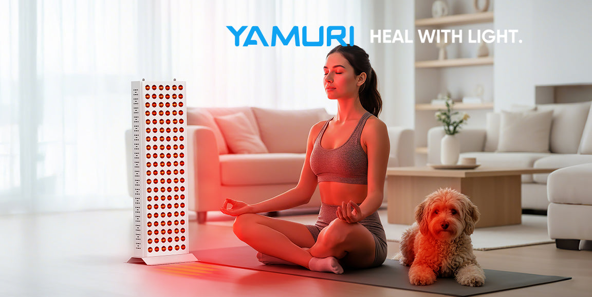 Female user enjoying home red light therapy with pet in a cozy living space