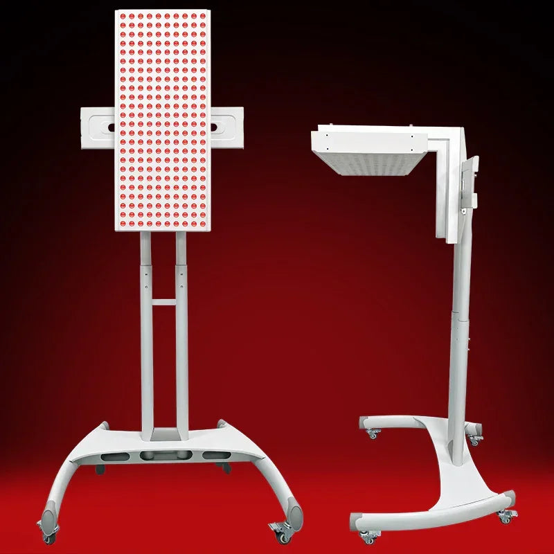 Red light therapy panel on adjustable stand with wheels, featuring LED array for at-home skin and muscle recovery