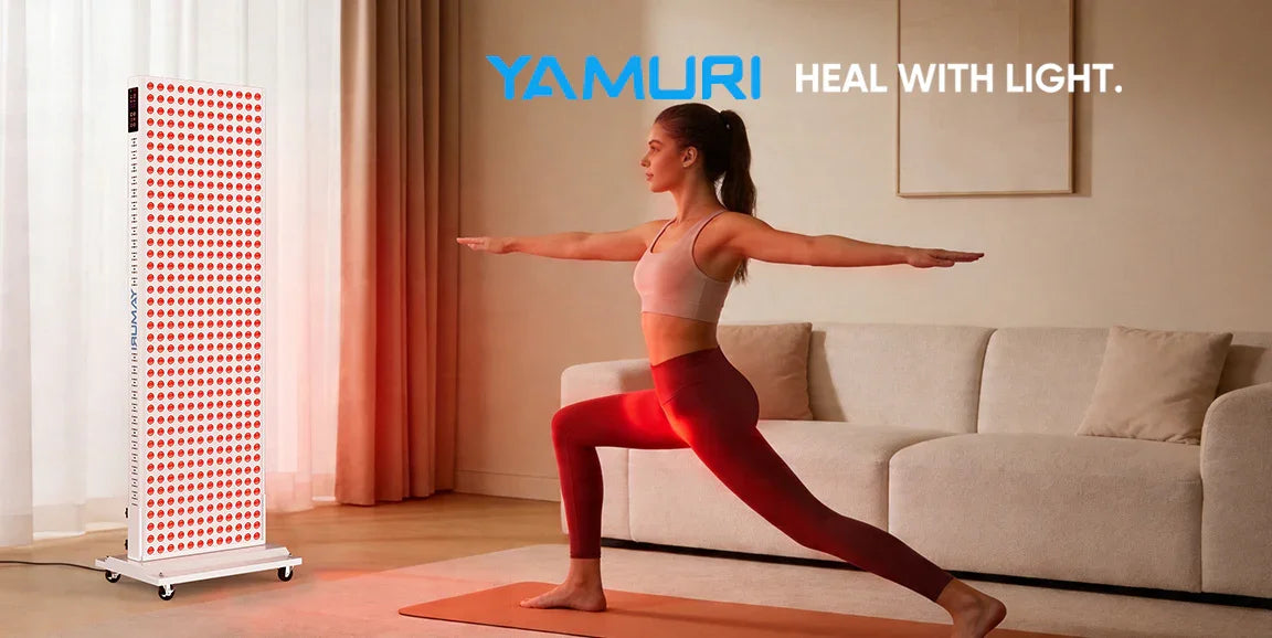 Woman doing yoga with red light therapy panel for muscle recovery and skin health at home