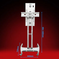 Adjustable red light therapy panel on mobile stand with height and width dimensions shown