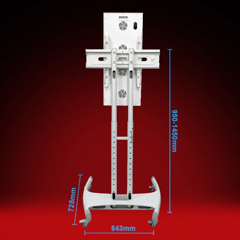 Adjustable red light therapy panel on mobile stand with height and width dimensions shown