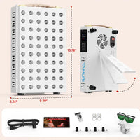 YA60-2W7 dimensions and included accessories, with front and rear panel views, power cord, eyewear, hooks, and mounting hardware