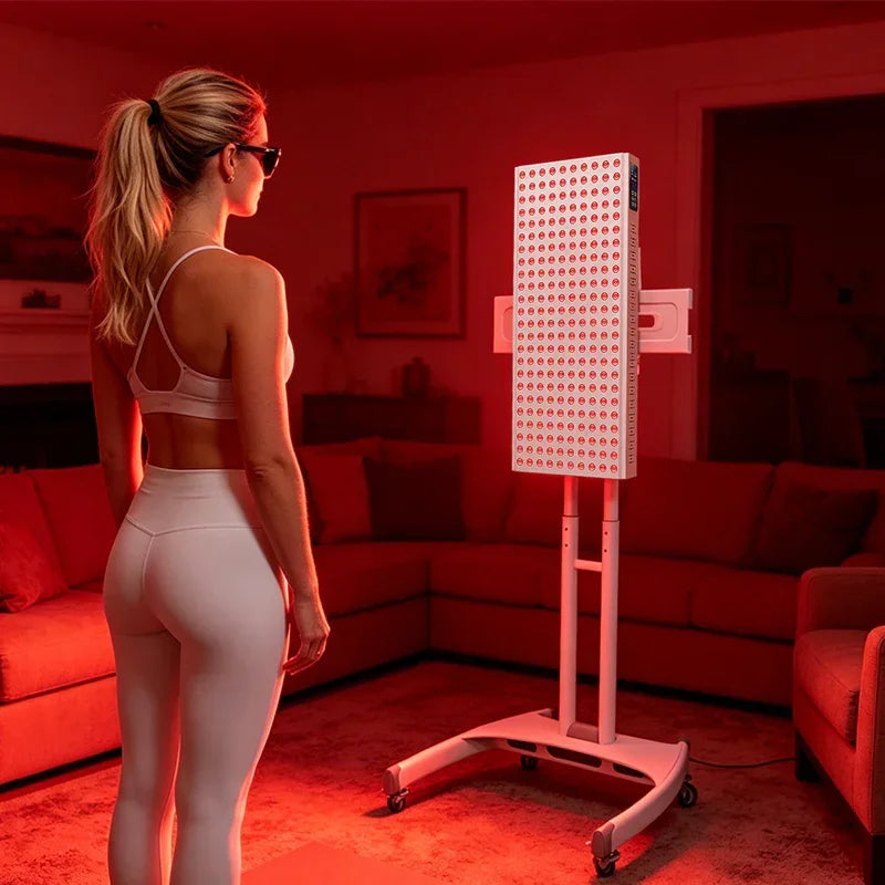 Woman using red light therapy panel at home for muscle recovery and skin health