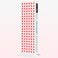 LED red light therapy panel with digital controls and adjustable stand on white background