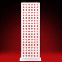 Red light therapy panel with glowing LEDs for at-home muscle recovery and skin health