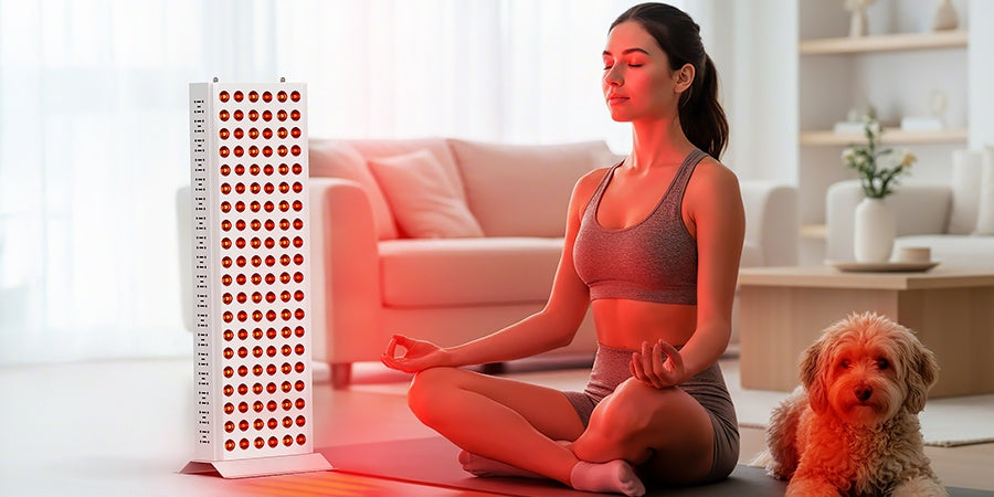 female user doing yoga while receiving at-home red light therapy recovery with pet dog
