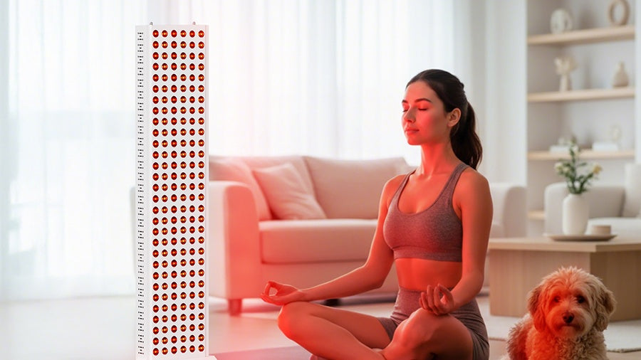 female user doing yoga while receiving at-home red light therapy recovery with pet dog