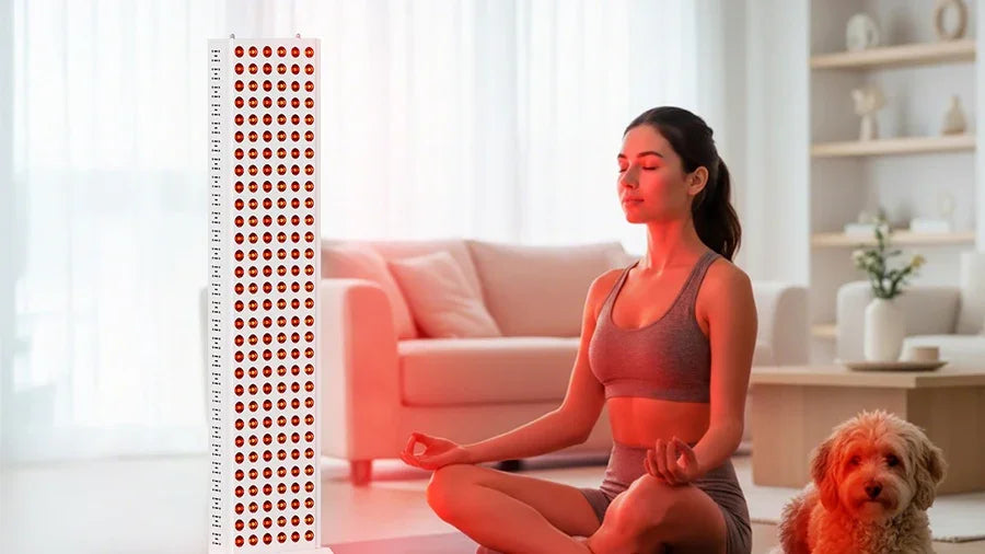 Woman meditating with red light therapy panel for muscle recovery and skin health at home
